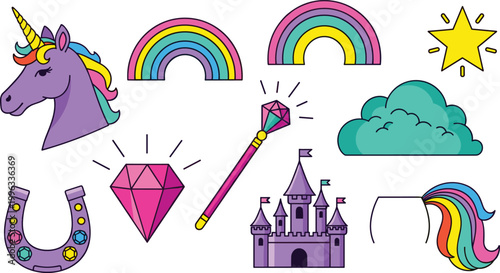 Fantasy and Magical Icons Vector Set with Unicorn, Rainbows, Star, Diamond, Horseshoe, Castle, and Cloud for Digital, Web, and Print Media Designs