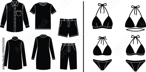 Men Clothing and Women Swimwear Silhouettes Set Apparel Shirts Shorts Dresses Bikini Collection