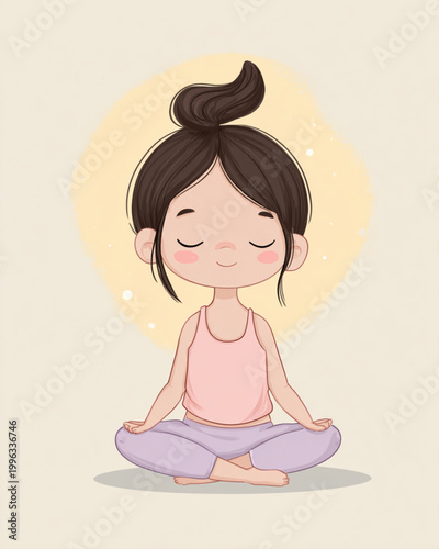 A cheerful cartoon girl with simple, rounded shapes and soft, pastel colors in a Lotus Pose. Her face shows a calm, smiling expression with closed eyes and small rosy cheeks.