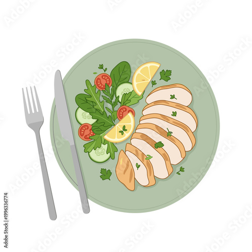 A vector graphic illustration of a healthy meal on a plate with utensils