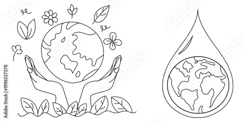 eco earth line art illustration, environmental protection concept hand drawn outline, sustainability planet care minimal design