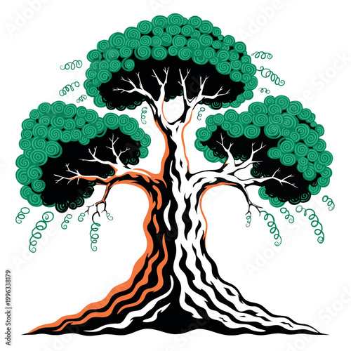 Line art vector illustration of a detailed tree with spreading branches and foliage