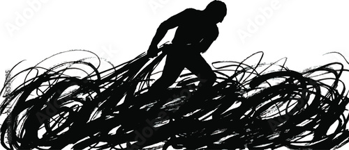 Man silhouette cleaning tangled wires Vector