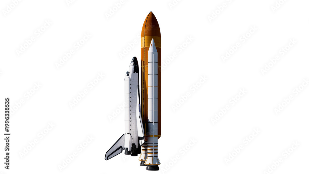 Fototapeta premium Space shuttle and rocket boosters assembly, isolated on transparent background