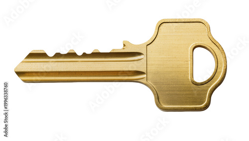 Shiny brass house key with detailed cuts, isolated on transparent background