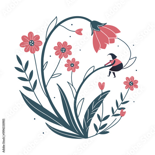 Whimsical illustration of a tiny person sitting on a plant stem surrounded by blooming flowers