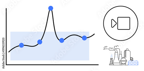 Data analysis, environmental monitoring, industrial processes, video reports, pollution tracking, sustainable solutions. Line chart with trend points, video icon industrial factory. Data analysis