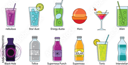 Futuristic and Cosmic Beverages Vector Set with Space Themed Drinks, Energy, Tonic, Cocktail, and Bottles Icons for Digital, Web, and Print Media Designs