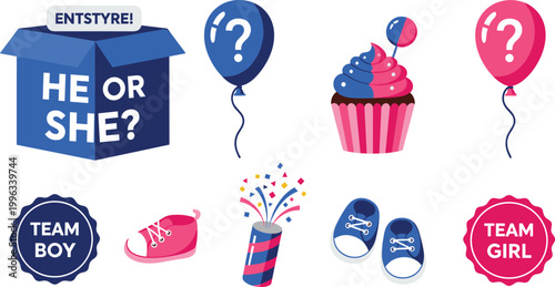 Gender Reveal Party Vector Set with Balloons, Cupcake, Team Boy, Team Girl, Sneaker, Party Popper, and Question Mark Icons for Digital, Web, and Print Media Designs
