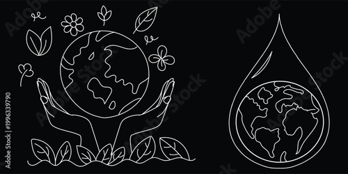 eco earth white line art on black background, environmental protection concept outline illustration, sustainability planet care minimal design
