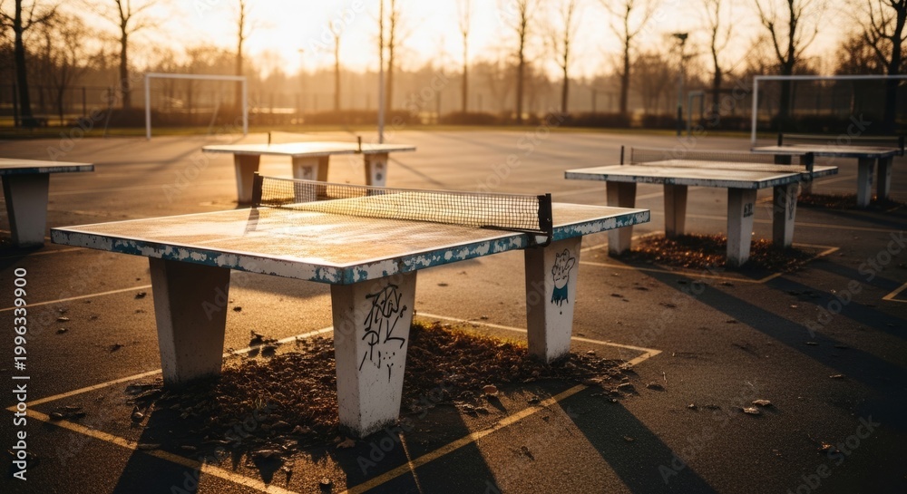 Fototapeta premium Outdoor ping pong tables at sunset, recreation ground