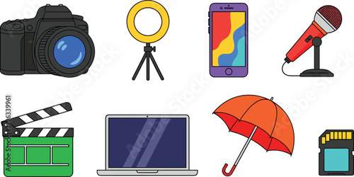 Photography and Videography Equipment Vector Set with Camera, Smartphone, Microphone, Tripod, Laptop, Clapperboard, Umbrella, SD Card, and Ring Light Icons for Digital and Print Media Designs