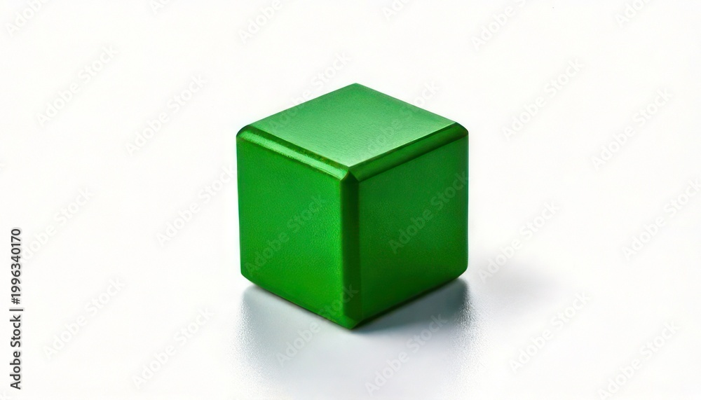 Fototapeta premium A Single Green Metallic Cube Object on a White Background.