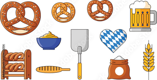 Pretzels and Bavarian Food Vector Set with Beer, Bread, Wheat, Dough, Shovel, and Bavarian Heart Icons for Digital, Web, and Print Media Designs