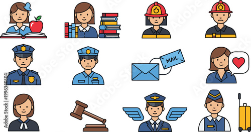 Professionals and Careers Vector Set with Teacher, Firefighter, Police Officer, Lawyer, Pilot, Flight Attendant, and Mail Icons for Digital, Web, and Print Media Designs