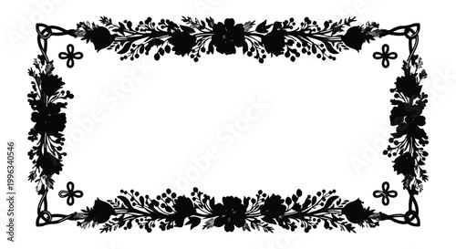 Ornate floral frame silhouette rectangular border with decorative blossoms and leaves for vintage invitations and certificates.