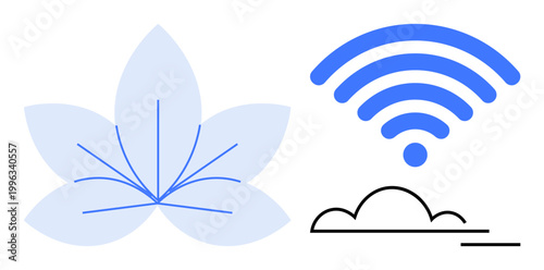 Nature and technology, sustainable tech, eco-friendly connectivity, modern communication, digital cloud networks, harmony with nature. Blue leaf, cloud wireless signal. Nature and technology