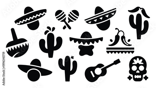 Flat vector design showcasing 12 distinct mexican cultural symbols including sombreros cacti maracas guitar and skull on white background