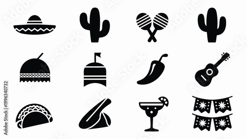 Mexican fiesta icon pack 12 black silhouette symbols for celebrations and culture