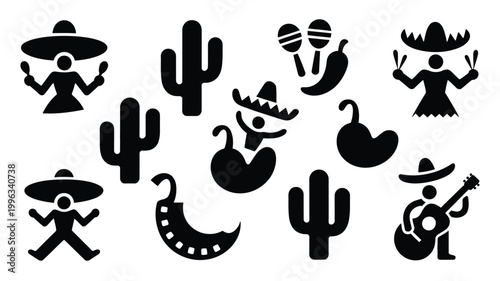 Flat vector design featuring 12 distinct mexican icons including cacti sombreros maracas and chili peppers on white background