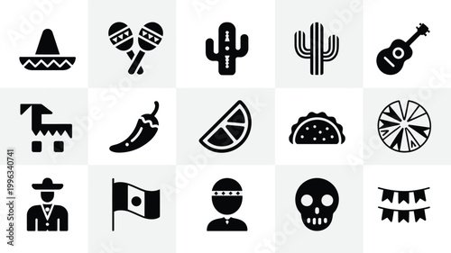 Vibrant modern icon pack featuring 12 black and white mexican symbols on gray background