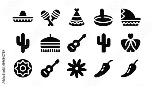 Mexican fiesta icon pack sombrero guitar cactus chili and more on white background