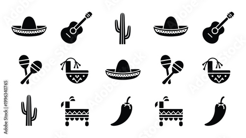 Mexican fiesta elements icons set sombreros guitars cacti maracas and more on white background