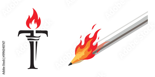 Symbolic torch and burning pencil representing inspiration and creativity in an artistic concept