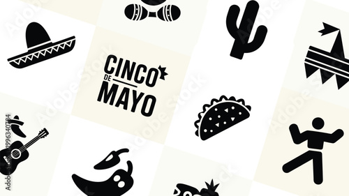 Cinco de mayo celebration vector illustration with sombrero taco cactus and music elements on beige background