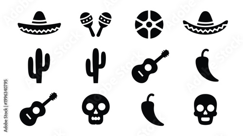 Mexican fiesta symbols set including sombreros maracas guitar cactus chili peppers skulls on white background