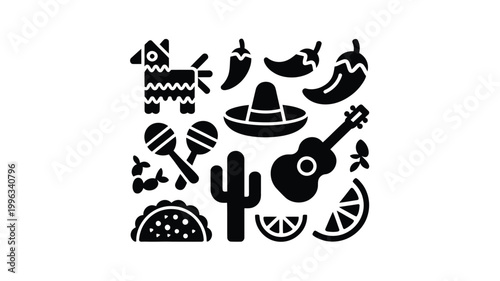 Mexican fiesta symbols flat design illustration with sombrero guitar cactus and food