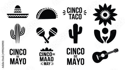 Cinco de mayo silhouette logos and icons set black on white background mexican fiesta symbols