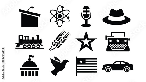 Minimalist vector icons set including symbols of freedom technology and communication on white background