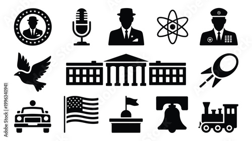 American symbols and icons in black and white vector illustration government freedom and transportation concepts