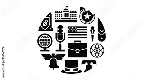 Modern minimalist circular badge design with various icons and symbols on white background for branding or logo purposes