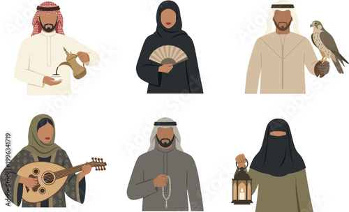 Traditional Arab Culture Collection Featuring People with Falcon, Oud Player, Coffee Pouring, Lantern, Misbaha, and Abaya Fashion in Minimalist Flat Illustration.
