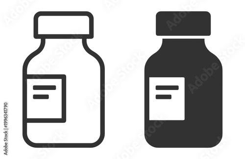 medical bottle icon set, outline and solid medicine container illustration on transparent background