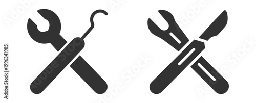 crossed wrench and hook tool and crossed wrench and knife silhouettes tool icons on transparent background