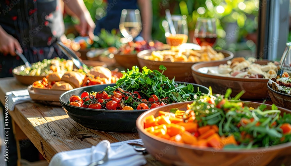 Fototapeta premium Abundant Buffet Spread of Fresh Salads and Appetizers Outdoors.