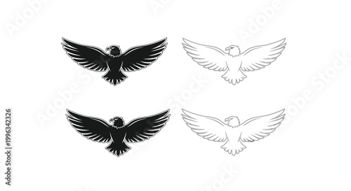 Eagle icons feature stylized silhouettes and outlines depicting a bird in flight with majestic wings spread wide, providing a versatile design set for modern branding use.