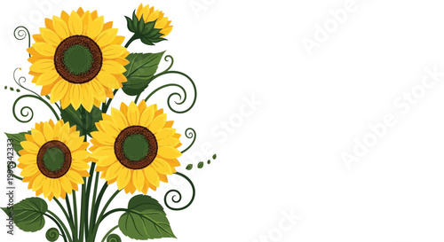 Sunflowers bloom in a colorful illustration featuring three large yellow blossoms with green leaves and decorative swirling stems on the left side of a wide white canvas.