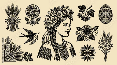 Slavic Ukrainian Woman in Floral Wreath: Traditional Wheat Motifs Linocut Illustration Set
