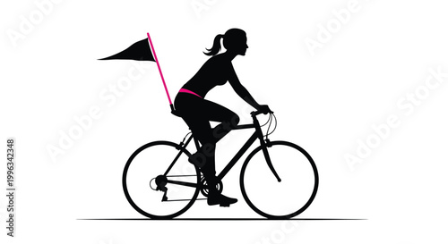 Cyclist silhouette rides a bicycle with a bright pink safety flag attached to the back frame while moving across a plain white background in this simple vector.