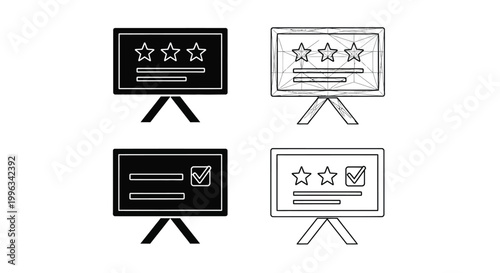 Boards displaying three star ratings and checklists are presented as simple black icons and white line drawings to communicate customer satisfaction and feedback processes.