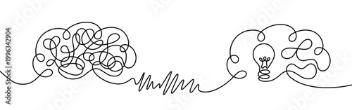 Mental chaos to idea concept tangled brain transforming into clear mind with light bulb one line drawing psychology illustration stress solving creativity thinking therapy recovery symbol art design