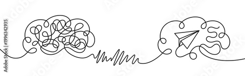 Mental chaos to direction concept tangled brain transforming into clear mind with paper airplane one line drawing psychology illustration stress solution focus progress thinking strategy plan future