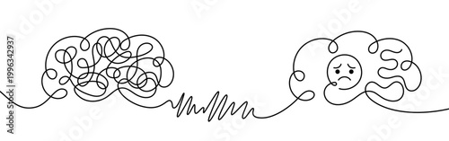 Mental chaos to sadness concept tangled brain transforming into clear mind with unhappy face one line drawing psychology illustration stress emotion anxiety depression therapy healing recovery calm
