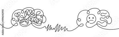 Mental chaos to neutral concept tangled brain transforming into clear mind with calm face one line drawing psychology illustration stress emotion balance therapy healing recovery clarity focus state