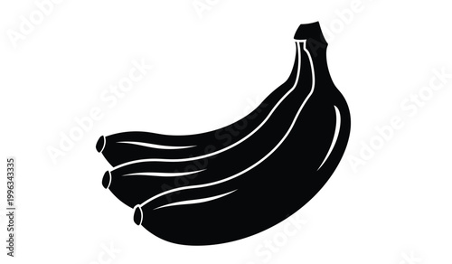A striking black and white image displays a bunch of bananas with a bold solid form against a white background silhouette high quality professional