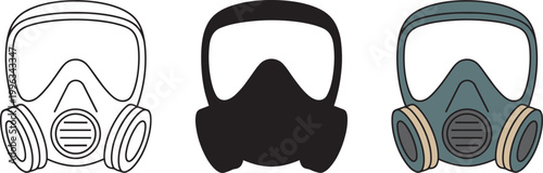Gas mask illustration with variations showing outline solid and colored versions with face mask air